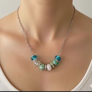 Funky Silver Chain Lampwork Glass Bead Slide Charm Necklace Blue Green